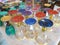 Antique glassware, colorful glassware, wine glasses, decorative colors.