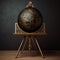 Antique Globe On Pedestal: Intricate Gold Designs, Dark Palette Chiaroscuro