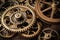 Antique gold gears interlocked with intricate clockwork against a rustic bronze background