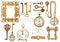 Antique golden accessories. Vintage picture frame clock key