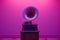 an antique gramophone sitting on a wooden stand in a purple room