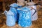 Antique graniteware, speckleware, enamelware, agateware, coffee pots.