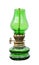 Antique green glass lamplight with old white wick and gold striped patterns isolated on white background , clipping path