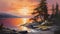 Antique Island Sunset Painting With Trees On Shore