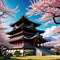 Antique Japanese temple with cherry created a digital art illustration