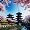 Antique Japanese temple with cherry created a digital art illustration
