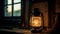 Antique kerosene lantern illuminates rustic winter space generated by AI