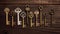 Antique keys on rustic wooden table