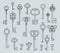 Antique keys set. Hand drawn medieval vector illustrations of old objects isolate on white