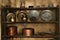 Antique kitchenware collection on wooden shelf, Metal utensils ,pans, containers ,pots made of copper,brass,stainless steel and
