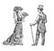 Antique ladie and man. Victorian Dame and gentleman. Ancient Retro Clothing. Woman in Ball lace dress. Vintage engraving