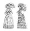 Antique ladies. Dame with umbrella. Victorian epoch. Ancient Retro Clothing. Women in Ball lace dress. Vintage engraving
