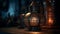Antique lantern illuminated dark room with elegance generated by AI