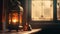 Antique lantern illuminated rustic table with candlelight glow generated by AI