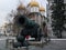 Antique large cannon and cannonballs outside cathedral Moscow Russia