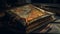 Antique leather bound book sits atop rustic table generated by AI