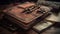 Antique leather bound books stack on ancient library table for reading generated by AI