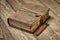 Antique leatherbound journal on rustic wood