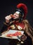 Antique legionary eats pizza against dark background