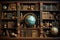 Antique library display old books, globes on a vintage bookshelf
