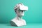 Antique marble sculpture with VR headset. Statue wearing virtual reality goggles on pastel background. Bust with VR glasses.