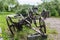 Antique metal mechanical device on wheels for agriculture