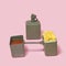 Antique military food container expedition packs concept. Baby pink background