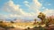 Antique Oasis: A Detailed And Cheery Desert Landscape Painting