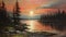 Antique Oil Painting: Crescent Lake At Sunset