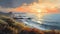 Antique Oil Painting Of Ocean Shore At Sunset