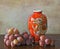 Antique oriental red vase and grapes