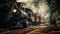 Antique passenger train with steam engine running on rails. Generative AI