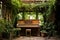 an antique piano under a pergola, with vines creeping over it