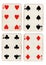 Antique playing cards showing four sixes.