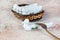 Antique porcelain duck cutlery stand on concrete background