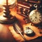 Antique quill and pocket watch sit on wooden table