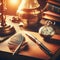 Antique quill and pocket watch sit on wooden table