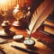 Antique quill and pocket watch sit on wooden table