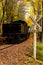 Antique Railroad Crossing Sign - Shay Steam Locomotive Climbs Grade in Autumn / Fall - Cass, West Virginia