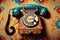 Antique rotary phone on ornate wallpaper background ,generative AI