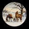 Antique round plate with the image of horses. round picture for decoupage with animals.