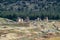 Antique ruins and limestone blocks in Hierapolis, Turkey. Ancient city