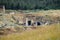 Antique ruins and limestone blocks in Hierapolis, Turkey. Ancient city