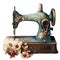 Antique sewing machine decorated with flowers, watercolor illustration