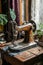 An antique sewing machine is ready to work on the table