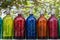 Antique Siphons bottles bright, colored Glass in Flea Market, Buenos Aires, Argentina