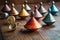 antique spinning tops on a wooden surface