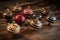 antique spinning tops on a wooden surface