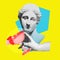 Antique statue bust and hand holding sweet and sour cocktail over bright yellow background. Contemporary art collage.