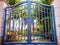 Antique steel blue double gate with padlock in front of a tropical garden